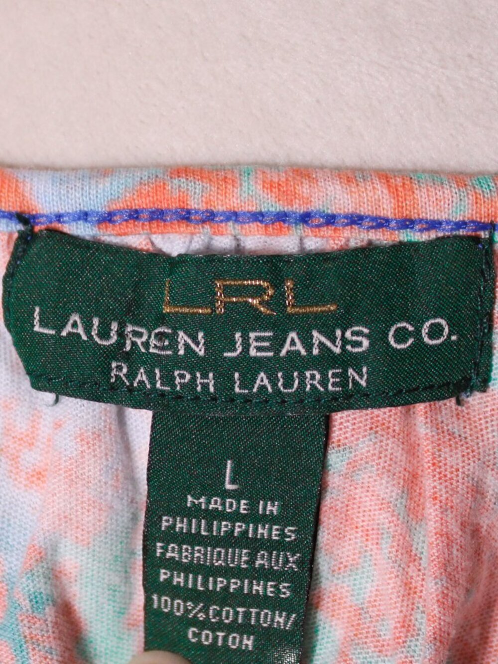 LRL Lauren Jeans Co. Tassel Tie Neck Popover Top Paisley Coral Blue Size L - Picture 5 of 6
